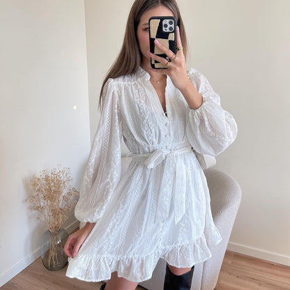 Women's mini dress – Breathable fabric – Long balloon sleeves – Self-tie belt – Ruffled hem