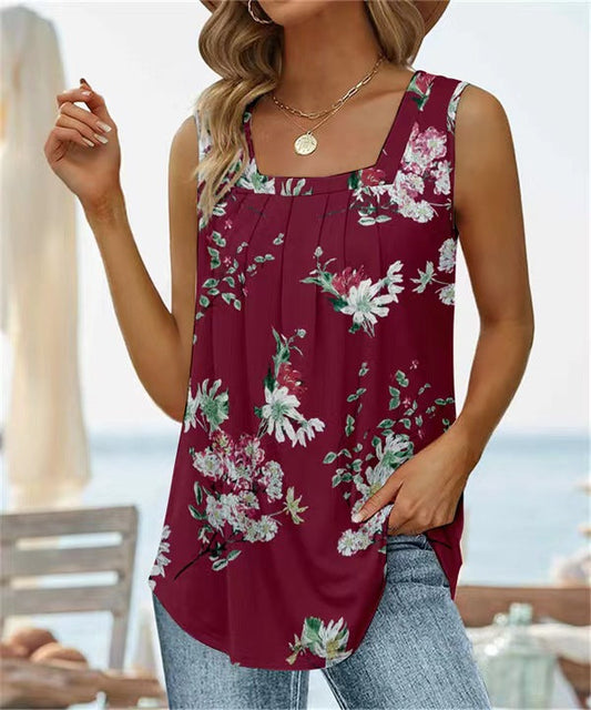 Women's Tank Top – Relaxed Fit – Square Neck – Floral Print – Breathable Fabric