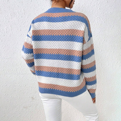 Pull femme – Coupe décontractée – Maille épaisse douce – Rayures – Col rond