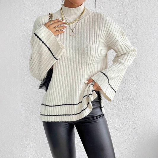 Pull femme en maille – Coupe oversize – Col montant – Manches longues – Rayures contrastées
