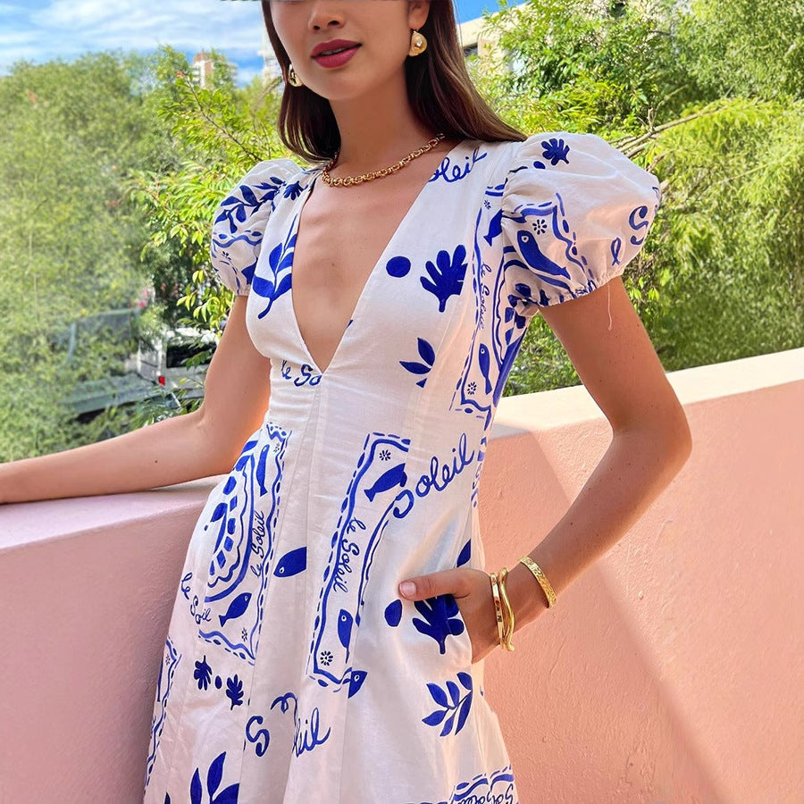 Robe longue femme – Encolure en V – Manches bouffantes – Jupe fluide imprimée