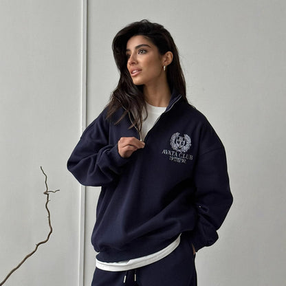 Sweatshirt zippé femme – Coton doux – Coupe oversize – Broderie frontale