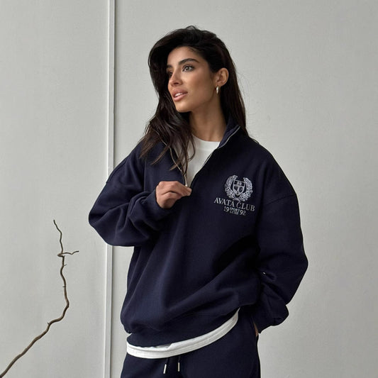 Sweatshirt zippé femme – Coton doux – Coupe oversize – Broderie frontale
