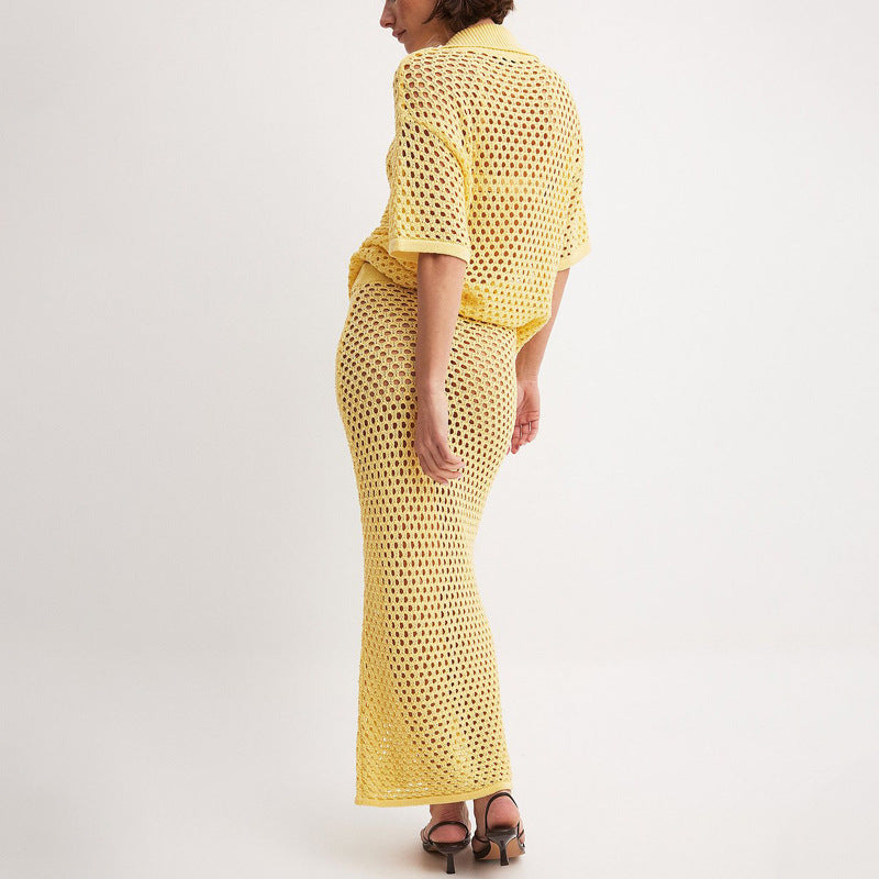 Ensemble jupe femme – Maille ajourée – Coupe ample – Haut boutonné – Tissu respirant