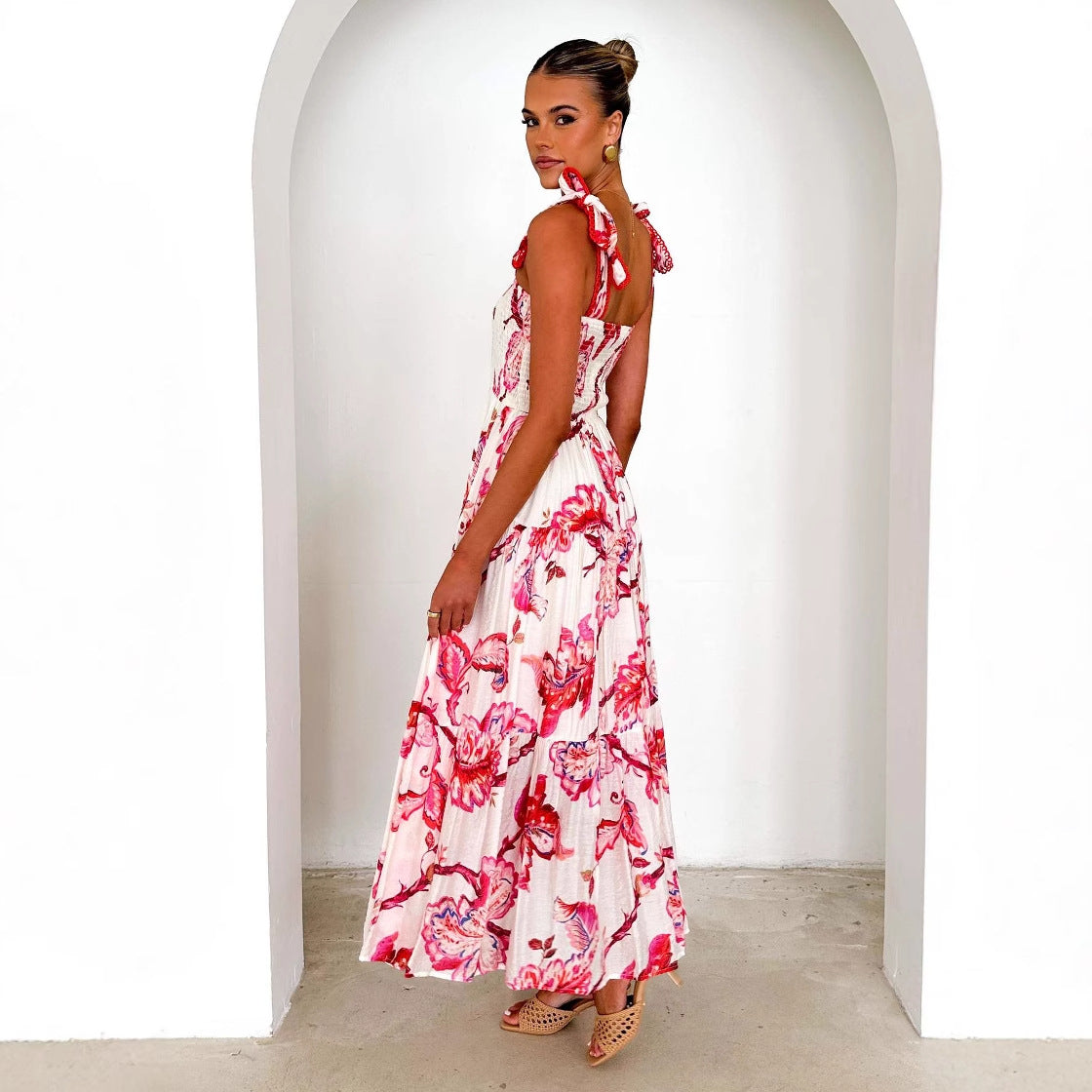 Robe longue femme – Bustier froncé – Bretelles réglables – Jupe évasée à volants – Imprimé fleuri