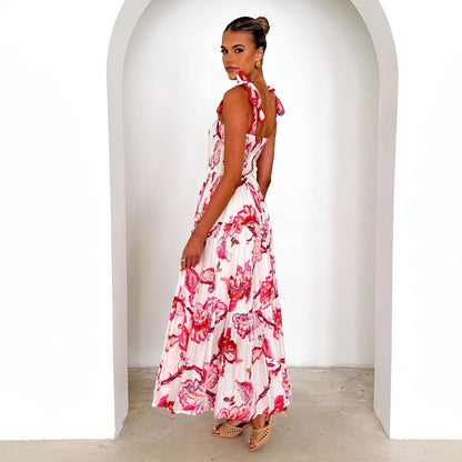 Robe longue femme – Bustier froncé – Bretelles réglables – Jupe évasée à volants – Imprimé fleuri