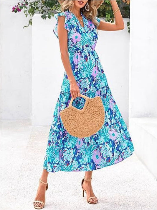 Women's mid-length dress – Flowing cut – V-neckline – Ruffled sleeves – Breathable fabric – Elegant print