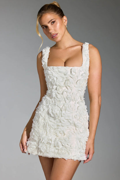 Women's Mini Dress – Slim Fit – Textured Fabric – 3D Floral Pattern – Square Neckline