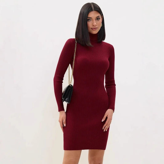 Robe Pull Femme – Coupe Ajustée – Maille Côtelée Douce – Manches Longues – Col Roulé Mini