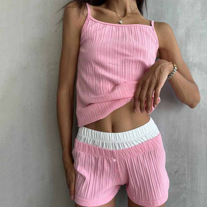 Pyjama Femme – Maille Côtelée Douce – Gilet Nœud Longue Manche – Short Fluide