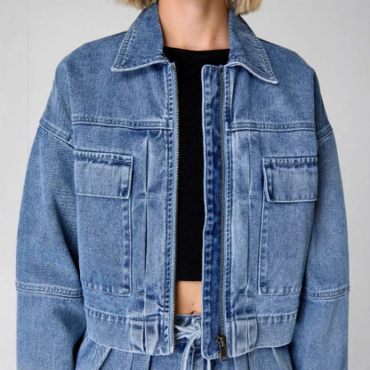 Veste en jean femme – Coupe oversize – Court – Poches poitrine – Fermeture zippée