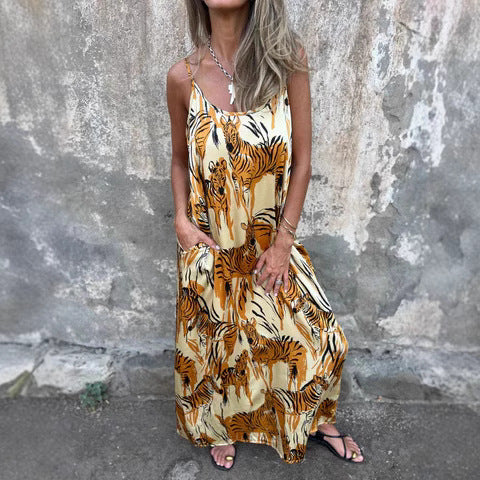 Women's long dress – Loose fit – Natural fibers – Adjustable straps – Pockets