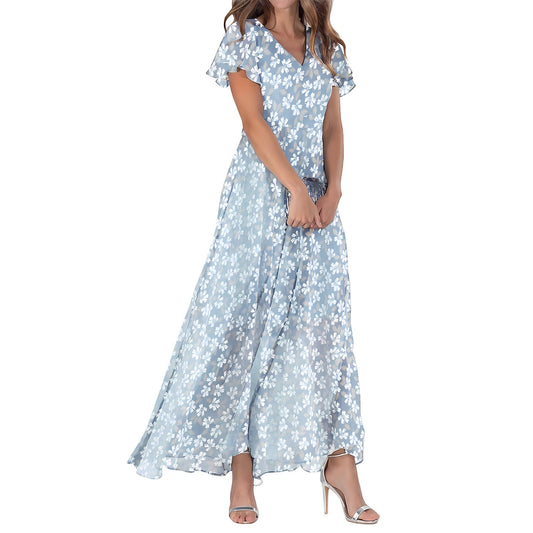 Women's long dress – Fluid cut – V-neck – Ruffled sleeves – Soft floral fabric