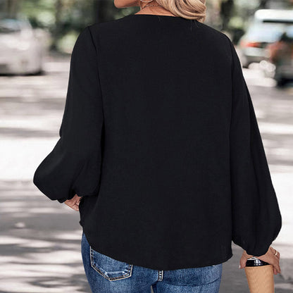 Blouse Femme – Coupe Ample – Manches Longues Bouffantes – Col V Élégant