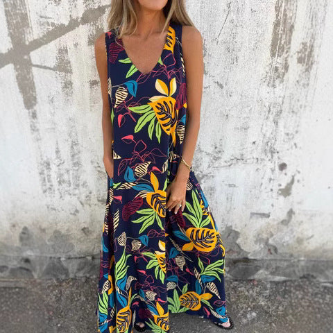 Women's long dress – Sleeveless – Flared cut – Breathable fabric – Tropical print