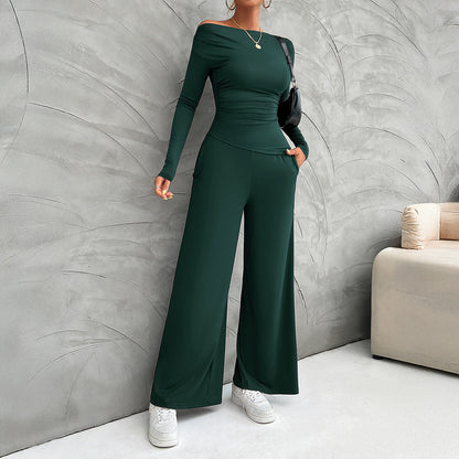 Ensemble femme – Haut ajusté manches longues – Pantalon large taille haute fluide