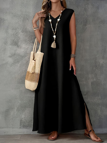Robe longue femme – Coupe fluide – Col en V – Sans manches – Fentes latérales – Coton