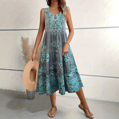Women's midi dress – Flared cut – Sleeveless – U-neck – Floral print – Cotton