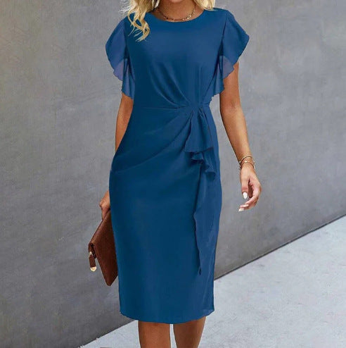 Women's midi dress – Elegant cut – Fluid fabric – Draped waist – Ruffled sleeves