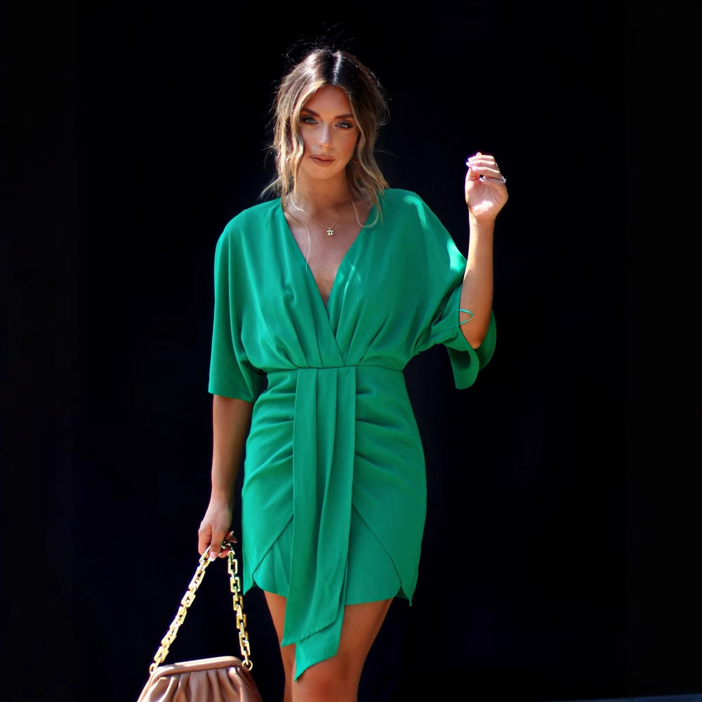 Women's skater dress – V-neck – Draped waist – Fluid fabric – Mini length