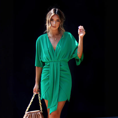 Women's skater dress – V-neck – Draped waist – Fluid fabric – Mini length