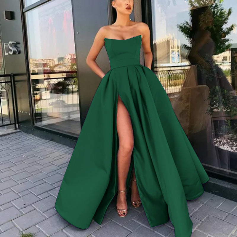 Women's evening dress – Bustier – Luxurious fabric – Flowing slit skirt – Cinched waist