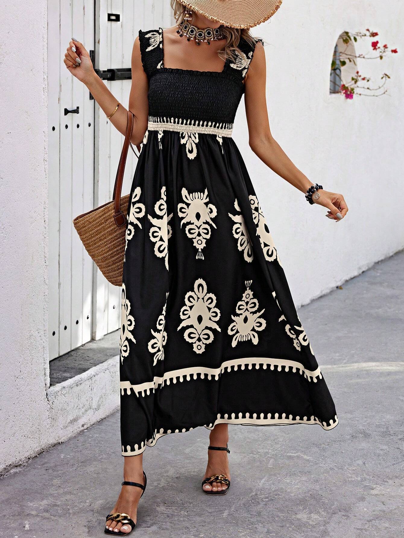 Robe longue femme – Bustier smocké – Bretelles larges – Coupe fluide imprimée