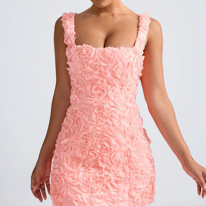 Women's Mini Dress – Slim Fit – Textured Fabric – 3D Floral Pattern – Square Neckline