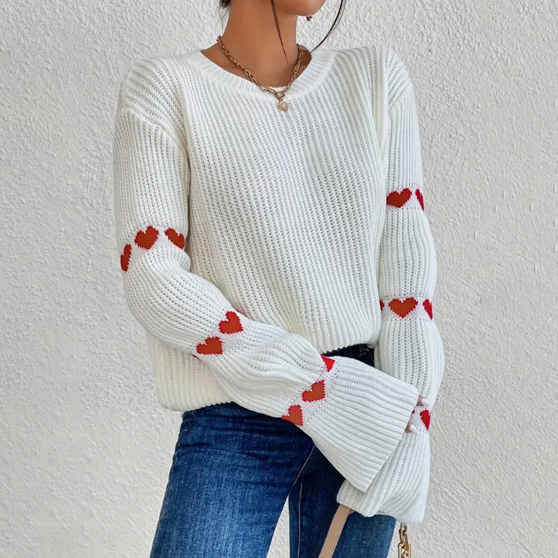Pull femme – Coupe ample – Maille douce – Manches évasées – Motifs cœur