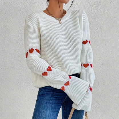 Pull femme – Coupe ample – Maille douce – Manches évasées – Motifs cœur