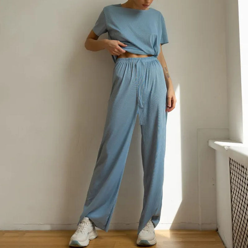 Women's Lounge Set – Cropped Top Short Sleeves – Wide Leg Pants – Breathable Fabric