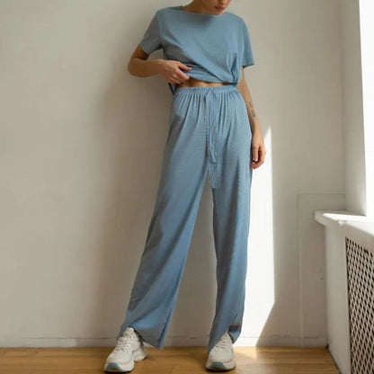 Women's Lounge Set – Cropped Top Short Sleeves – Wide Leg Pants – Breathable Fabric