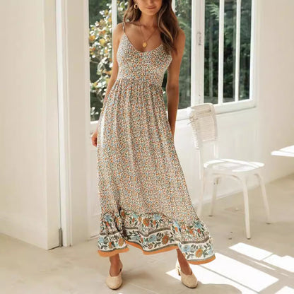 Robe longue femme – Coupe fluide – Imprimé fleuri – Bretelles fines – Style bohème