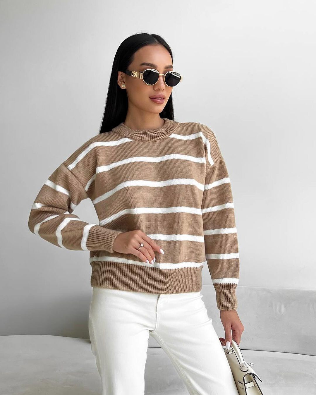 Ava Striped Sweater | Relaxed Fit Wide Round Neck Pullover