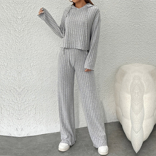 Women's lounge set – Ribbed knit – Loose fit – Wide-leg pants – Hood