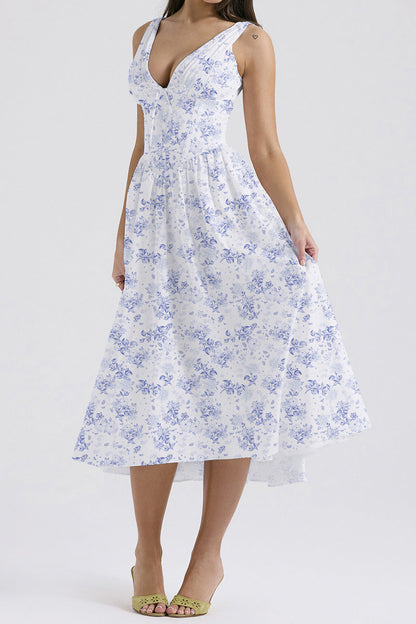 Robe femme sans manches – Décolleté en V – Coupe évasée – Imprimé fleuri – Longueur midi