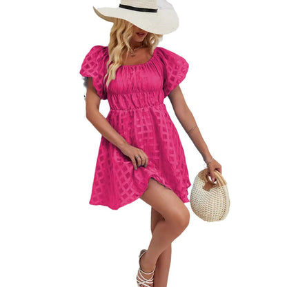 Short women's dress – Flowing cut – Puff sleeves – Square neckline – Airy fabric