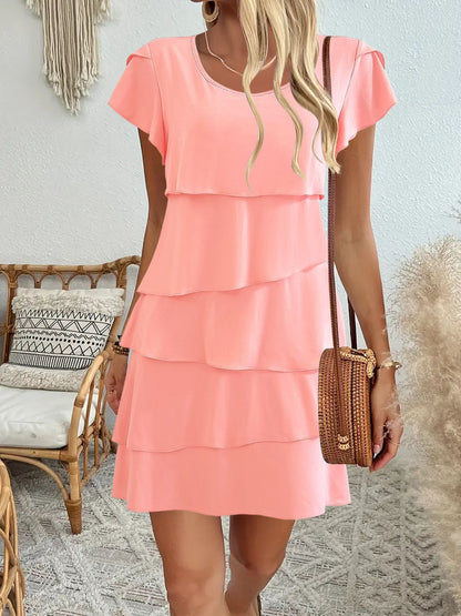 Robe femme – Coupe ample fluide – Manches courtes – Volants superposés