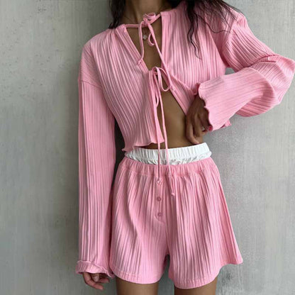 Pyjama Femme – Maille Côtelée Douce – Gilet Nœud Longue Manche – Short Fluide