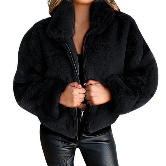 Women's cardigan coat – Faux fur – Oversize cut – Zip-up stand collar