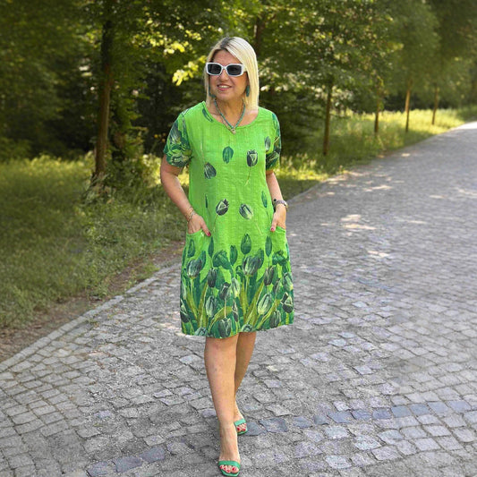 Robe femme évasée – Motif fleuri – Manches courtes – Poches