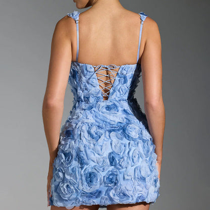 Women's Mini Dress – Slim Fit – Textured Fabric – 3D Floral Pattern – Square Neckline