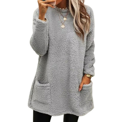 Pull femme – Coupe oversize – Tissu pelucheux – Manches longues – Poches pratiques