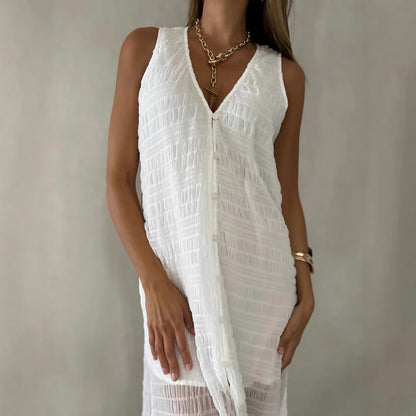 Robe longue femme – Dentelle ajourée – Sans manches – Coupe fluide – Décolleté en V