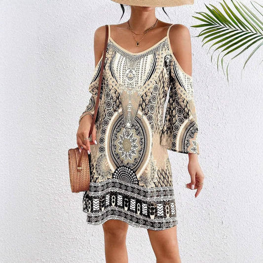Women's Midi Dress – Bare Shoulders – Mid-length Sleeves – Breathable Fabric – Fluid Cut