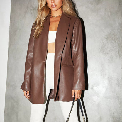 Veste blazer femme – Coupe oversize – Effet cuir lisse – Longueur mi-cuisses – Manches longues