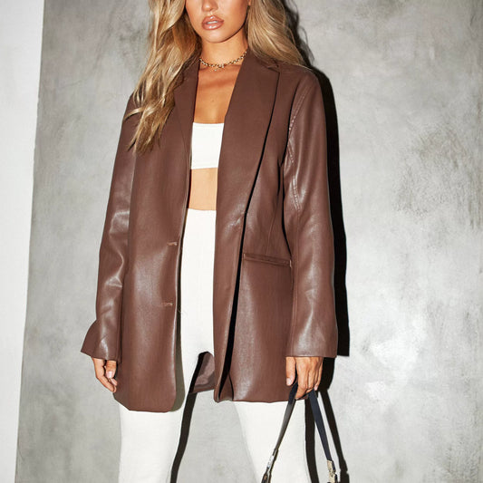 Veste blazer femme – Coupe oversize – Effet cuir lisse – Longueur mi-cuisses – Manches longues