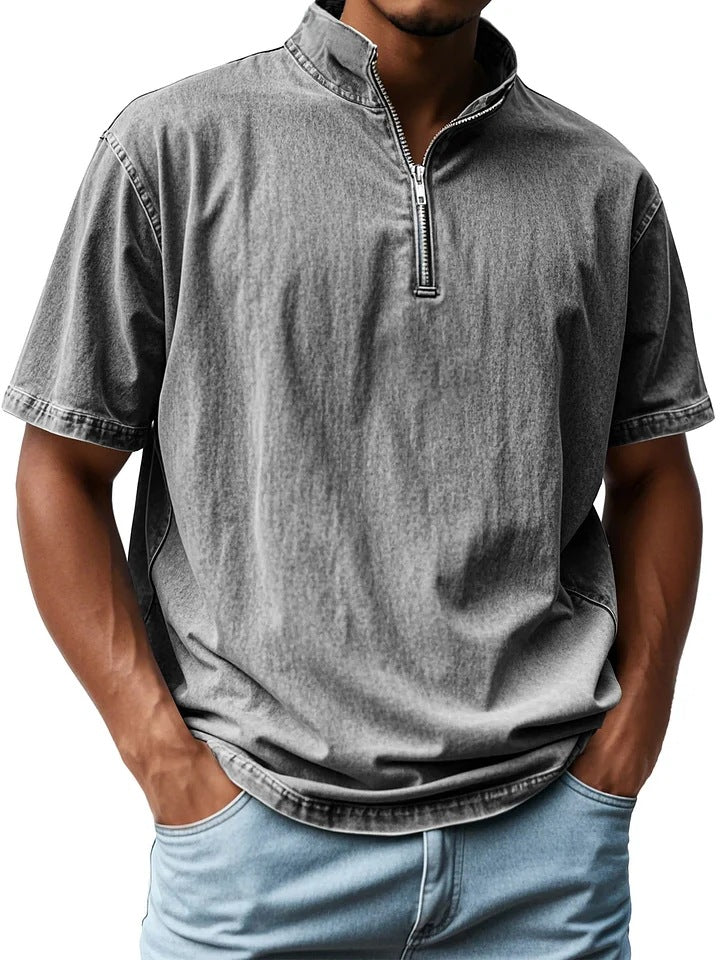 Men's short-sleeve shirt – Slim fit – Stand-up collar – Zip closure – Breathable fabric