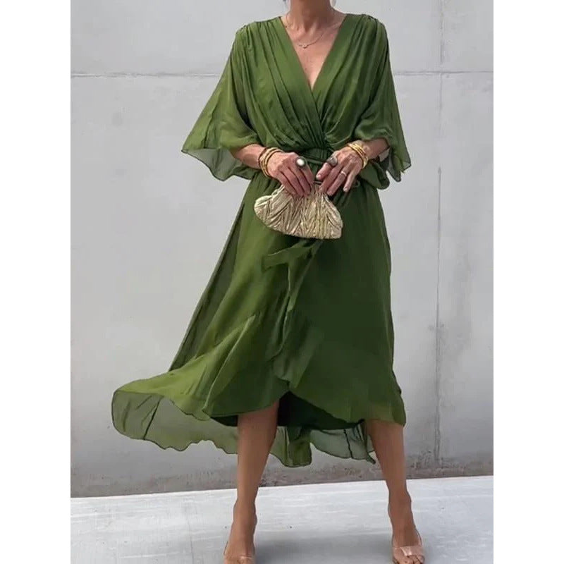 Women's long dress – Fluid fabric – Batwing sleeves – Tied belt – Asymmetrical hem