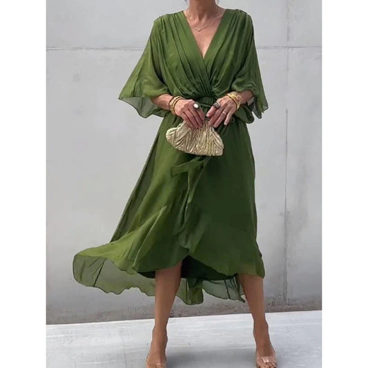 Women's long dress – Fluid fabric – Batwing sleeves – Tied belt – Asymmetrical hem